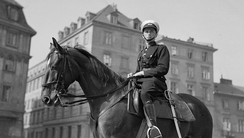 Funkcjonariusz policji konnej w mundurze letnim, plac Zamkowy w Warszawie, 1934