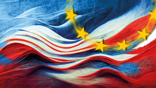 Przenikające się flagi Polski i Unii Europejskiej