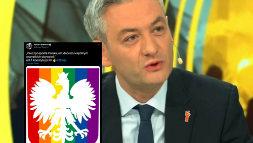 "Profanacja". Biedroń prowokuje i publikuje godło Polski na tęczowym tle. Internauci wściekli