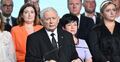 Prezes PiS Jarosław Kaczyński oraz politycy partii podczas konferencji prasowej w siedzibie PiS