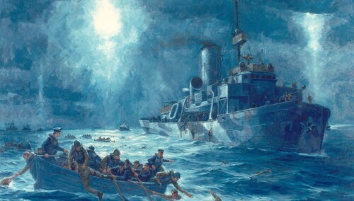 Obraz akcji ratowniczej ocalałych z USAT Dorchester  przez USCGC Escanaba (WPG-77) 3 lutego 1943 roku na Oceanie Atlantyckim 