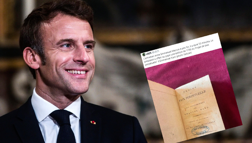 Prezydent Francji Emmanuel Macron | screen filozoficznej rozprawy Kanta z Czytelni Akademickiej we Lwowie