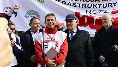 Protest kolejarskiej Solidarności przed Ministerstwem Infrastruktury 15 października 2025 r.