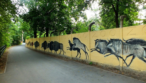 Mural autorstwa Jerzego Wołoszynowicza na ogrodzeniu zoo