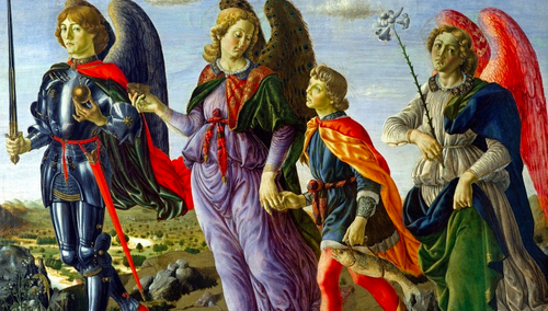 Francesco Botticini, Trzej Archaniołowie z Tobiaszem, obraz ołtarzowy z 1470 roku, namalowany dla florenckiej bazyliki Santo Spirito