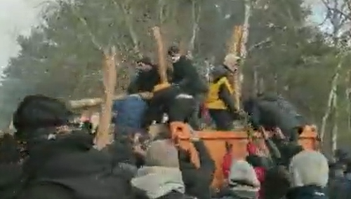 Rozładunek bali drewna dla imigrantów