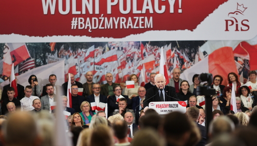 Płock, 03.02.2024. Prezes PiS Jarosław Kaczyński podczas otwartego spotkania z mieszkańcami
