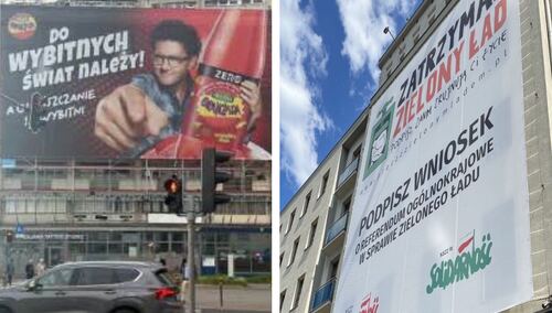 Baner z Kubą Wojewódzkim oraz baner "Zatrzymaj Zielony Ład" w Gdańsku 