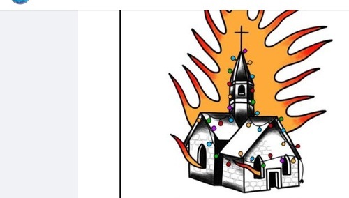 grafika z płonącym kościołem na fanpejdżu "Dziewuchy dziewuchom"