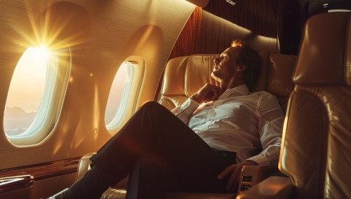 Dziennikarz w samolocie. Ilustracja poglądowa