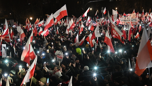 Warszawa, 11.01.2024. Organizowana przez Prawo i Sprawiedliwość manifestacja ph. "Protest Wolnych Polaków"