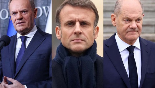 Donald Tusk, Emmanuel Macron i Olaf Scholz