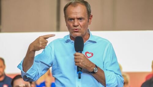 Koszalin, 14.07.2023. Donald Tusk podczas spotkania z mieszkańcami Koszalina