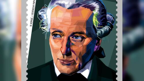 Znaczek dla Poczty Polskiej z okazji 300. rocznicy urodzin Immanuela Kanta zaprojektowany przez Wojciecha Korkucia