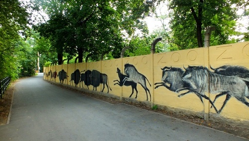 Mural autorstwa Jerzego Wołoszynowicza na ogrodzeniu zoo