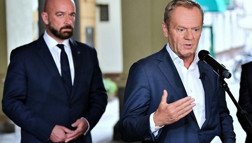 Jacek Sutryk i Donald Tusk podczas konferencji prasowej w maju 2024 roku