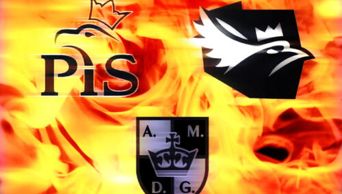 Ogień i logo trzech partii politycznych