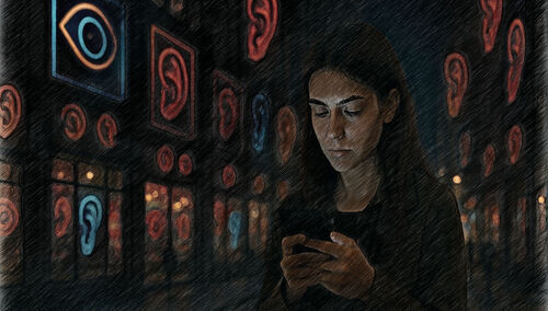 Kobieta z telefonem komórkowym w otoczeniu budynków z oczami i uszami