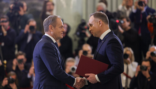 Prezydent Andrzej Duda powołujący Donalda Tuska na urząd premiera. 13 grudnia 2023