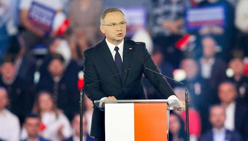 Andrzej Duda na konwencji wyborczej Karola Nawrockiego w Łodzi