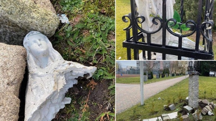 Zniszczona figura Matki Boskiej w Koszalinie