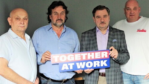 Od lewej: Bogdan Szozda szef Sekretariatu Metalowców, Mirsoław Miara szef Sekretariatu Przemysłu Chemicznego, Piotra Duda szef Komisji Krajowej, Jarosław Grzesik szef Sekretariatu Górnictwa i Energetyki