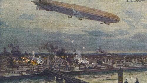 Niemiecki sterowiec Schütte-Lanz S.L.2 bombardujący Warszawę w 1914. Akwarela na papierze autorstwa Hansa Rudolfa Schulzego