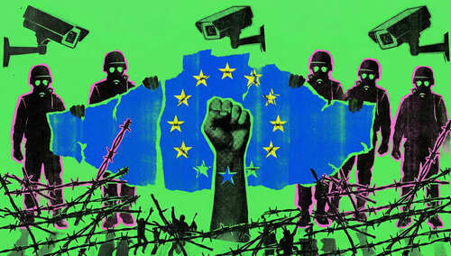 Osoby w maskach, drut kolczasty, flaga Unii Europejskiej