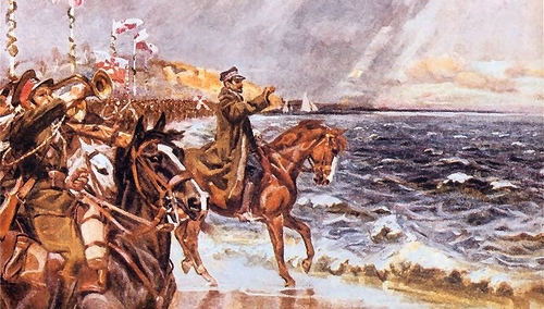 Obraz „Zaślubiny Polski z morzem” (1931) Wojciecha Kossaka. Na pierwszym planie Józef Haller