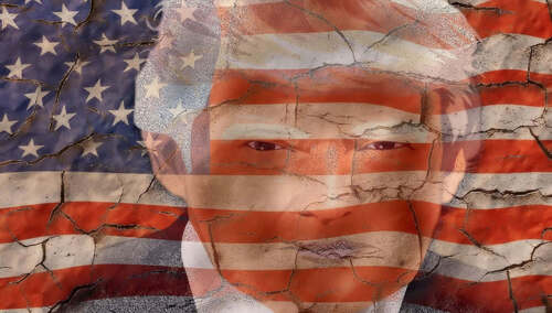 Donald Trump, flaga amerykańska i popękany mur