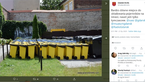Gdańska firma sprzątająca zmagazynowała kubły na śmieci... w miejscu pamięci o Obrońcach Poczty Polskiej?