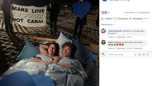 Walentynki. Aktywiści rozebrali się i wskoczyli pod kołdrę "w proteście przeciwko przekopowi mierzei"