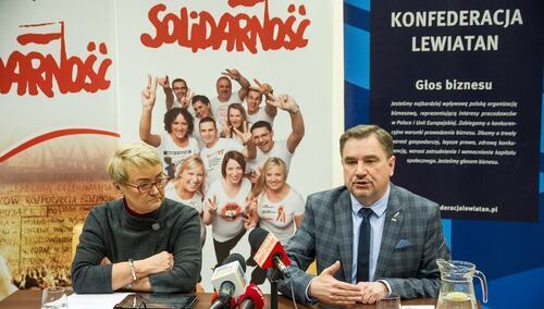 Wspólna konferencja Solidarności i Lewaitana, podczas której liderzy tych organizacji apelowali do Prezydenta o skierowanie wniosku do TK
