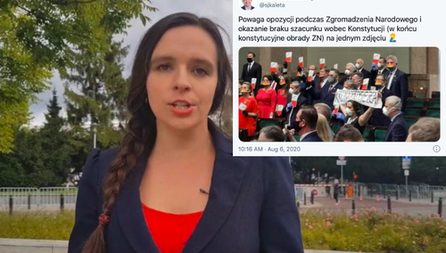 Brak słów… Jachira w akcji! Podczas Zgromadzenia Narodowego wymachiwała transparentem „Krzywoprzysięzca”