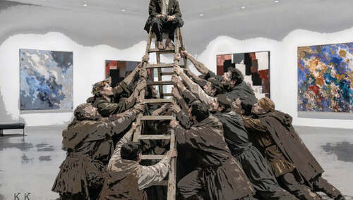 Człowiek na drabinie i tłum wznoszący w jego stronę ręce