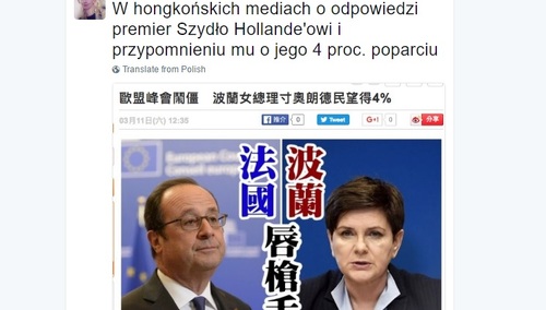 Hongkońskie media o twardej odpowiedzi premier Szydło, której udzieliła Hollande'owi