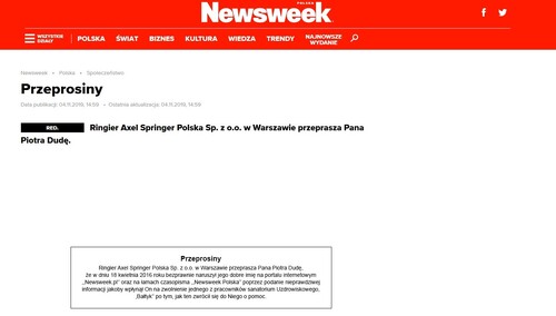 Newsweek przeprasza Piotra Dudę po 3-letnim procesie. Ale jak? Żenujące