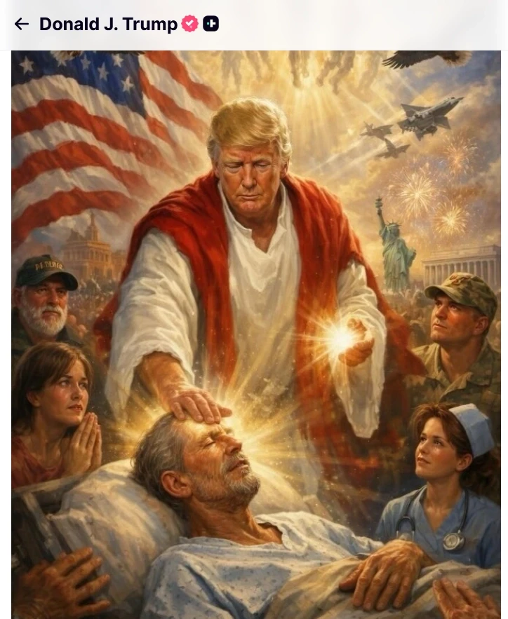 Prezydent USA Donald Trump ukazany jako zbawiciel