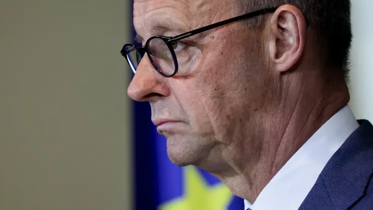 Kanclerz Niemiec Friedrich Merz na konferencji prasowej