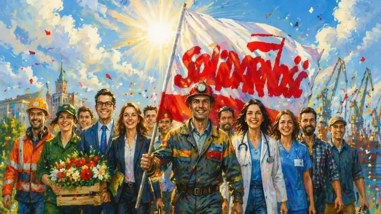 Ludzie z flagą Solidarności