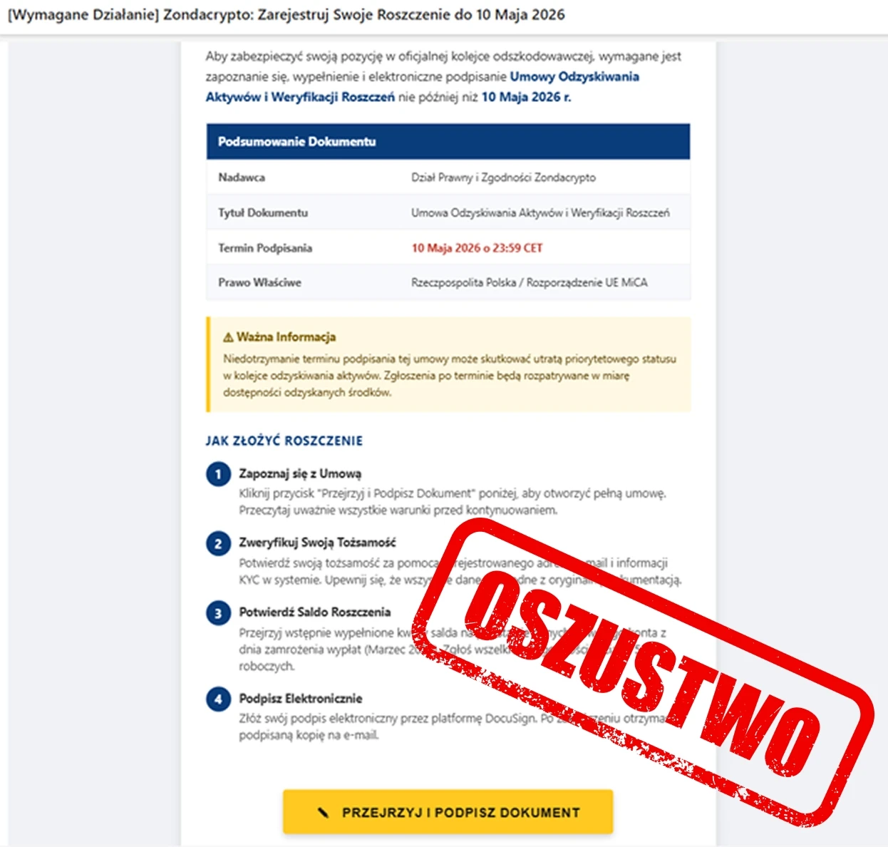 Przykład fałszywego e-maila – oszustwo na Zondacrypto