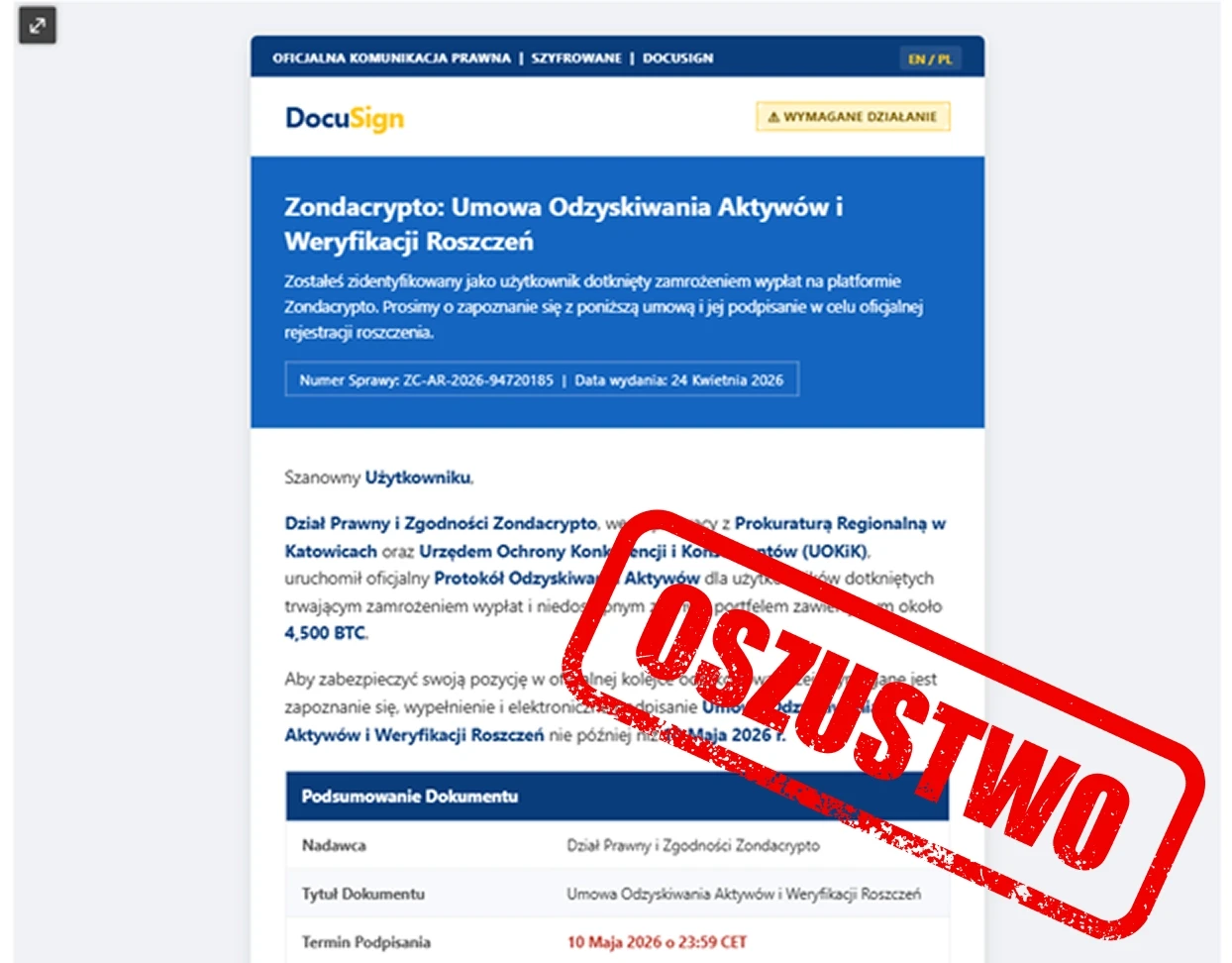 Przykład fałszywego e-maila – oszustwo na Zondacrypto