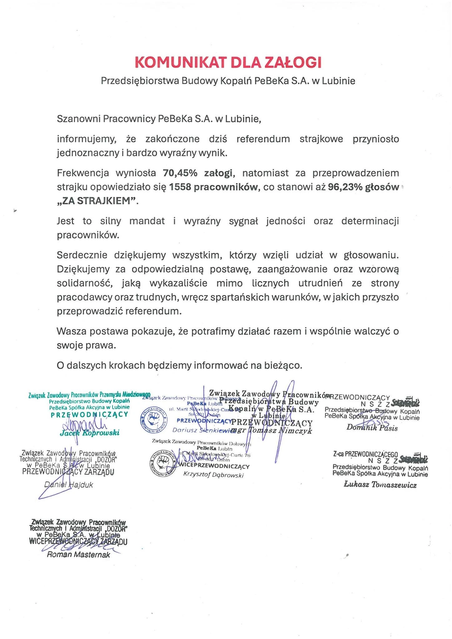 Komunikat NSZZ "S" w PeBeKa