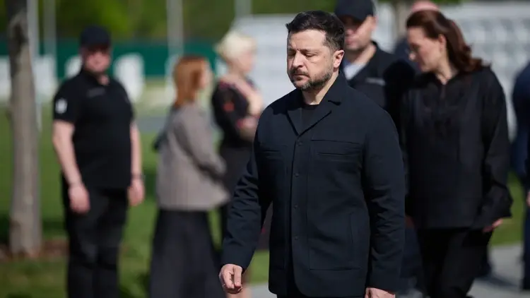 Prezydent Ukrainy Wołodymyr Zełenski na pogrzebie Andrija Melnyka