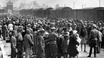 Selekcja Żydów na rampie w Auschwitz-Birkenau przed wysłaniem do komór gazowych