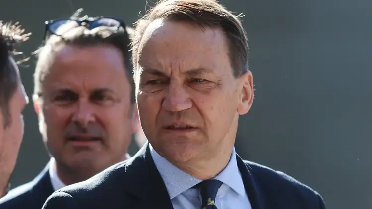 Radosław Sikorski w garniturze, w tle mężczyzna