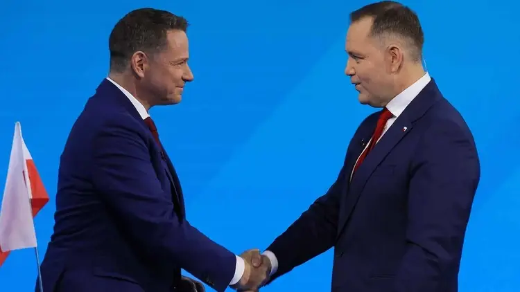 Debata przed II turą wyborów prezydenckich. Na zdjęciu Rafał Trzaskowski i Karol Nawrocki