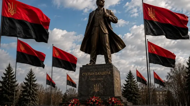 Pomnik Stepana Bandery z banderowskimi flagami