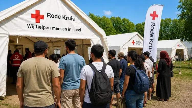 Migranci przed namiotami Czerwonego Krzyża - grafika poglądowa