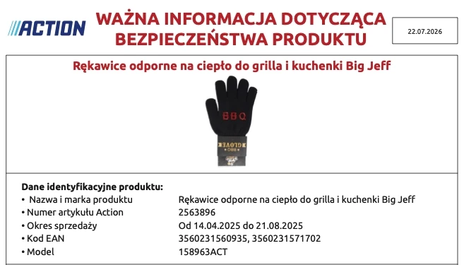 Rękawice odporne na ciepło do grilla i kuchenki Big Jeff, model 158963ACT, objęte komunikatem Action